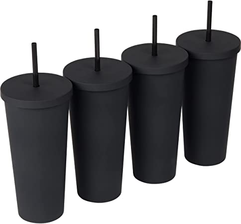 Photo 1 of Zephyr Canyon 24oz Matte Black Tumblers with Lids and Straws - Pastel Double Wall Tumbler - Insulated Acrylic Cups for Hot & Cold Drinks, Spill-Proof Reusable Iced Coffee Cup, Set of 4
