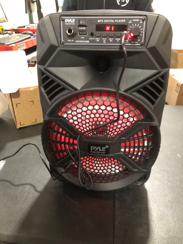 Photo 2 of Portable Bluetooth PA Speaker System - 300W Rechargeable Indoor/Outdoor Bluetooth Portable PA System w/ 8” Subwoofer 1” Tweeter, Microphone In, Party Lights, MP3/USB, Radio, Remote - Pyle PPHP836B