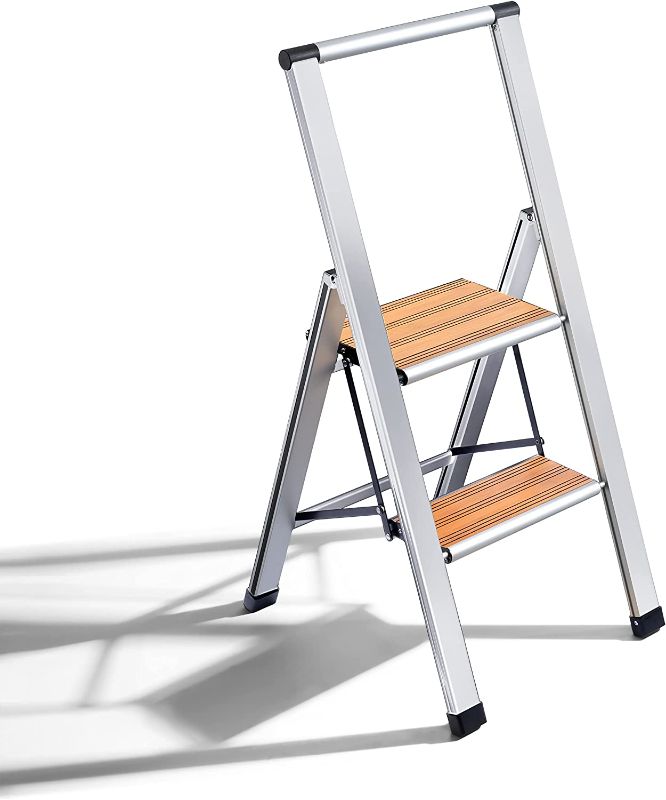 Photo 1 of 2 Step Modern Bamboo Ladder. Lightweight,-Ultra Slim Profile, Anti Slip Steps, Sturdy-Portable for Home 