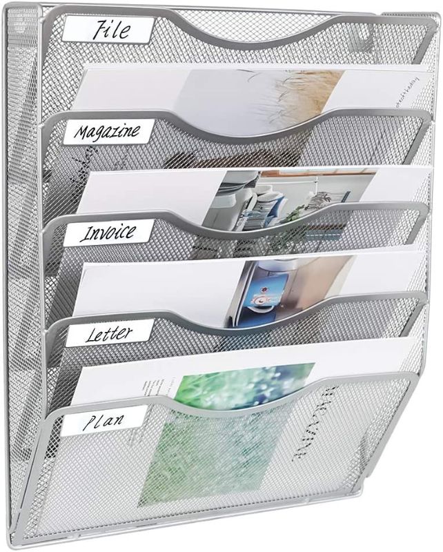 Photo 1 of 5 Pockets Wall File Holder Organizer Hanging Magazine Rack,Silver