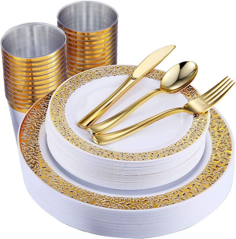 Photo 1 of 150 Piece Gold Dinnerware Set, Elegant Lace Disposable Plastic Plate Include:25 Dinner Plates, 25 Dessert Plates, 25 Forks, 25 Knives, 25 Spoons, 25 Cup, Ideal for Halloween, Thanksgiving, Christmas
