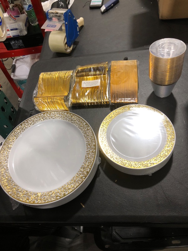 Photo 1 of 150 Piece Gold Dinnerware Set, Elegant Lace Disposable Plastic Plate Include:25 Dinner Plates, 25 Dessert Plates, 25 Forks, 25 Knives, 25 Spoons, 25 Cup, Ideal for Halloween, Thanksgiving, Christmas
