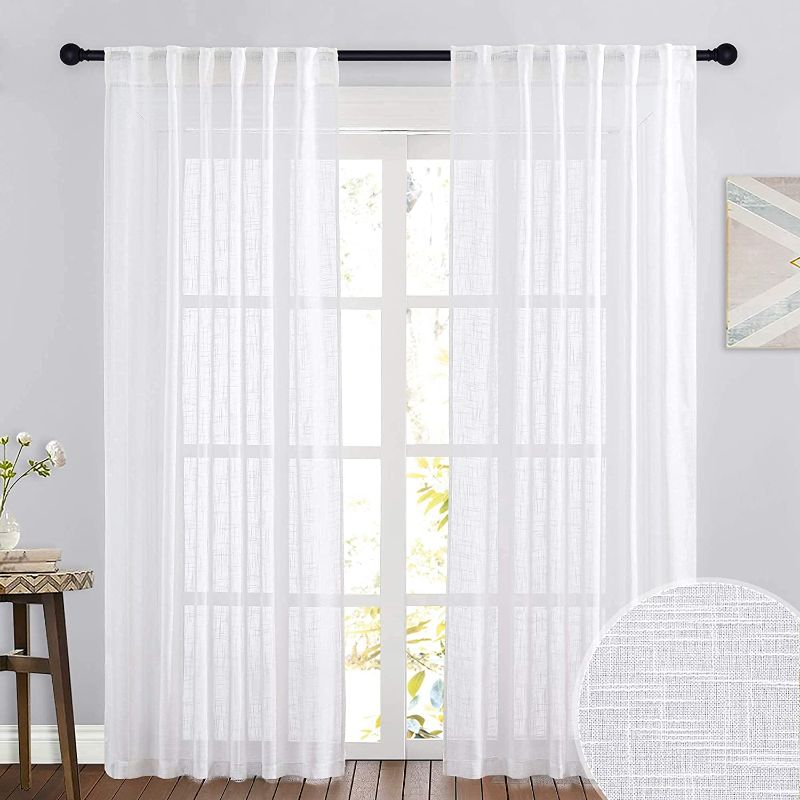 Photo 1 of  Sheer Curtains White - Linen Texture Wave Fabric Vertical Window Shades , 52 x 90 inches,