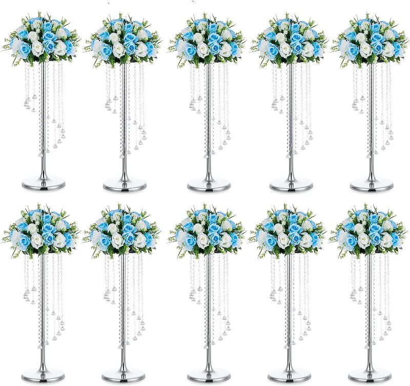 Photo 2 of  Wedding Centerpieces Silver Vases: 10 Pcs 27.6in Tall Crystal Flower Vase Metal Flowers Stand for Party Tables Decorations - Elegant Bulk Weddings Decoration Table Chandelier Centerpiece stands 