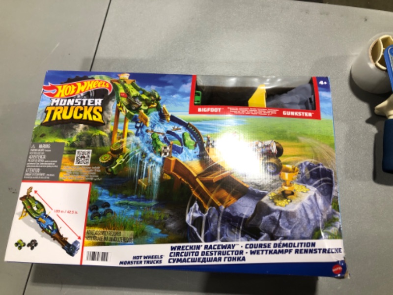 Photo 2 of Hot Wheels Monster Trucks Wreckin’ Raceway Playset with Monster Trucks Bigfoot & Gunkster for Head-to-Head Competition,