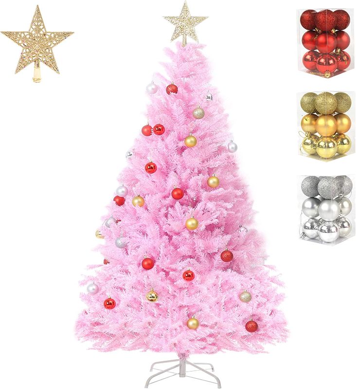 Photo 1 of 5ft Artificial Christmas Tree Lifelike Christmas Tree with Decorations and Solid Metal Stand arbol de Navidad Premium Hinged Spruce Full Tree (PINK-A, 5ft)
