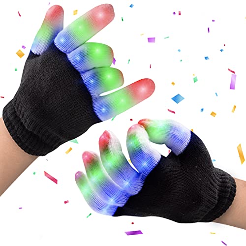 10 pack - PartySticks LED Gloves for Kids - Light Up Gloves for Kids with 3 Colors and 6 Flashing LED Glove Modes, LED Finger Light Glow in The Dark Glow Gloves Kids Medium, Black Medium Black