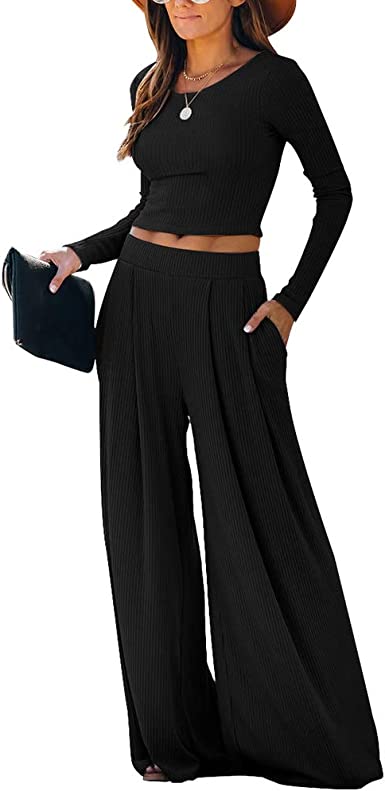 Photo 1 of  Wide Leg Pant Suits for Women Elegant 2 Piece Solid Outfits Long Sleeve Crop Top High Waist Long Pants with Pockets SIZE S