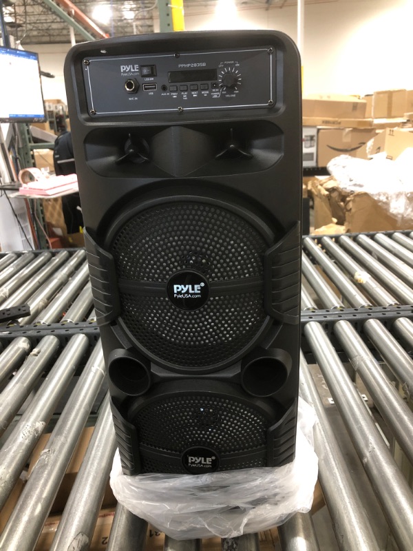 Photo 2 of Pyle Portable Bluetooth PA Speaker System - 600W Rechargeable Outdoor Bluetooth Speaker Portable PA System w/ Dual 8” Subwoofer 1” Tweeter, Microphone In, Party Lights, USB, Radio, Remote - PPHP2835B