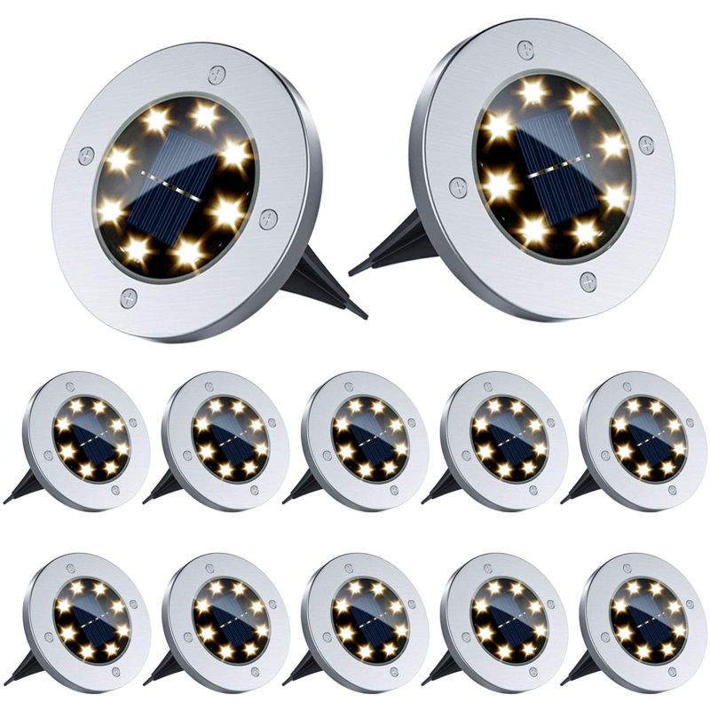 Photo 1 of 12 Pack Solar Ground Lights - 8 Led Solar Garden Lights Outdoor Waterproof Sidewalk Disk Lights Solar Powered Landscape Lighting for Lawn Patio Pathway Yard Deck Walkway Flood Lights (Warm White)