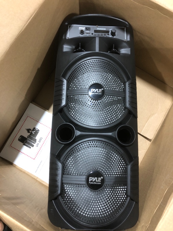 Photo 3 of Pyle Portable Bluetooth PA Speaker System - 600W Rechargeable Outdoor Bluetooth Speaker Portable PA System w/ Dual 8” Subwoofer 1” Tweeter, Microphone In, Party Lights, USB, Radio, Remote - PPHP2835B
