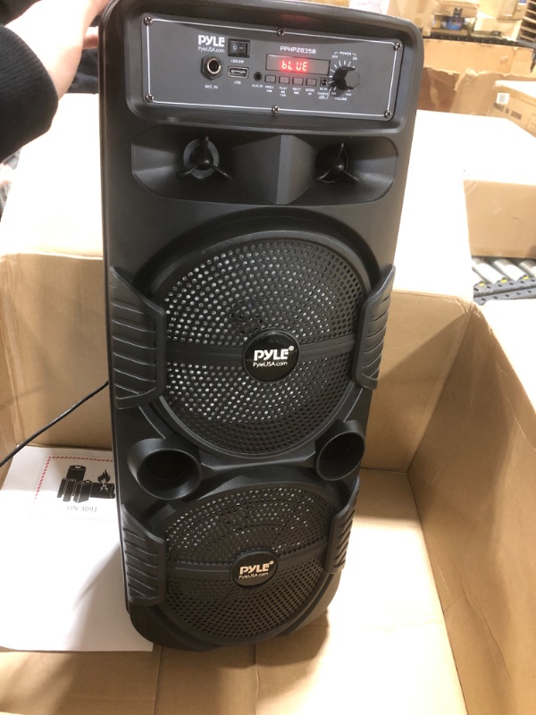 Photo 2 of Pyle Portable Bluetooth PA Speaker System - 600W Rechargeable Outdoor Bluetooth Speaker Portable PA System w/ Dual 8” Subwoofer 1” Tweeter, Microphone In, Party Lights, USB, Radio, Remote - PPHP2835B
