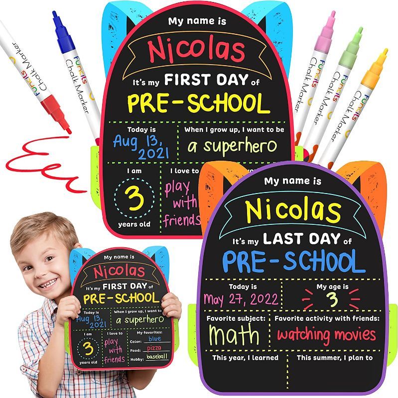 Photo 1 of Funcils First & Last Day of School Sign (11 x 13") - First Day of School Board for Kids, Back to School Sign, My 1st Day of Preschool Kindergarten School Supplies - 5 Chalkboard Chalk Makers Included
