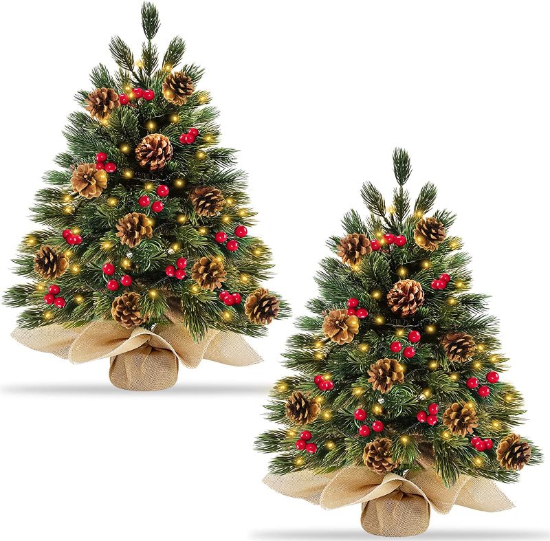 Photo 1 of 2 Pack 24''/2FT Realistic Feel Thick Prelit Artificial Christmas Tree Tabletop Decorations 50 Lights 8 Modes Timer Battery Operated Pine Cones Red Berries Christmas Indoor Home Decoration