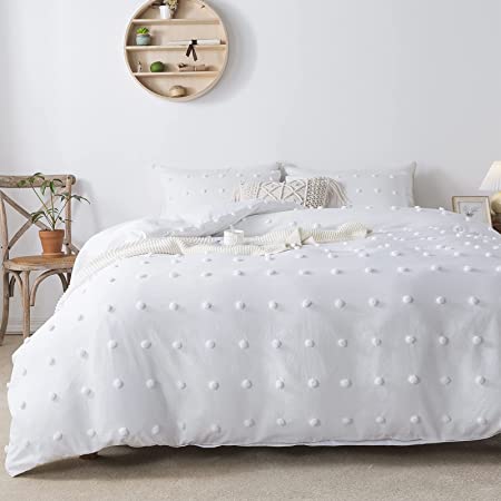 Photo 1 of Andency White Tufted Dot Duvet Cover Full Size (79x90 inch), 3 Pieces (1 Jacquard Duvet Cover, 2 Pillowcases) All Season Soft Washed Microfiber Duvet Cover Set with Zipper Closure, Corner Ties