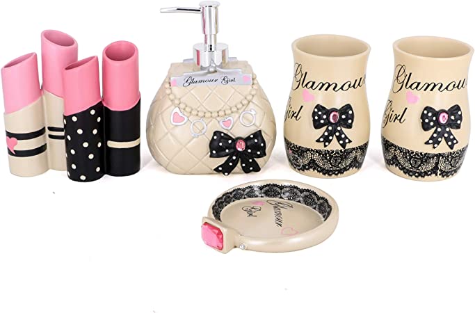 Photo 1 of 5pcs Bathroom Accessory Set - Tumbler, Soap Dish, Liquid Soap Dispenser, Toothbrush Holder-Girl Gifts