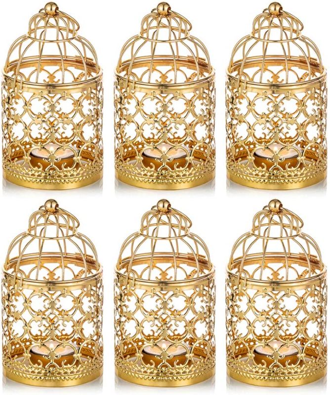 Photo 1 of 6 Pcs Small Metal Tealight Hanging Birdcage Lantern, Vintage Decorative Centerpieces of Wedding, Party, Gold