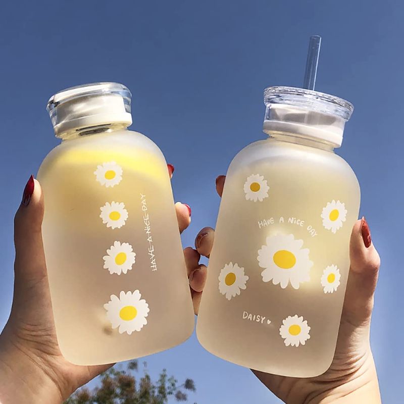 Photo 1 of 480ml Milk Juice Cute Water Bottle with Scale 2 Lids Little daisy Matte Portable Transparent Water Cup Glass Bottles Creative Handy Cup (Six Flowers) 