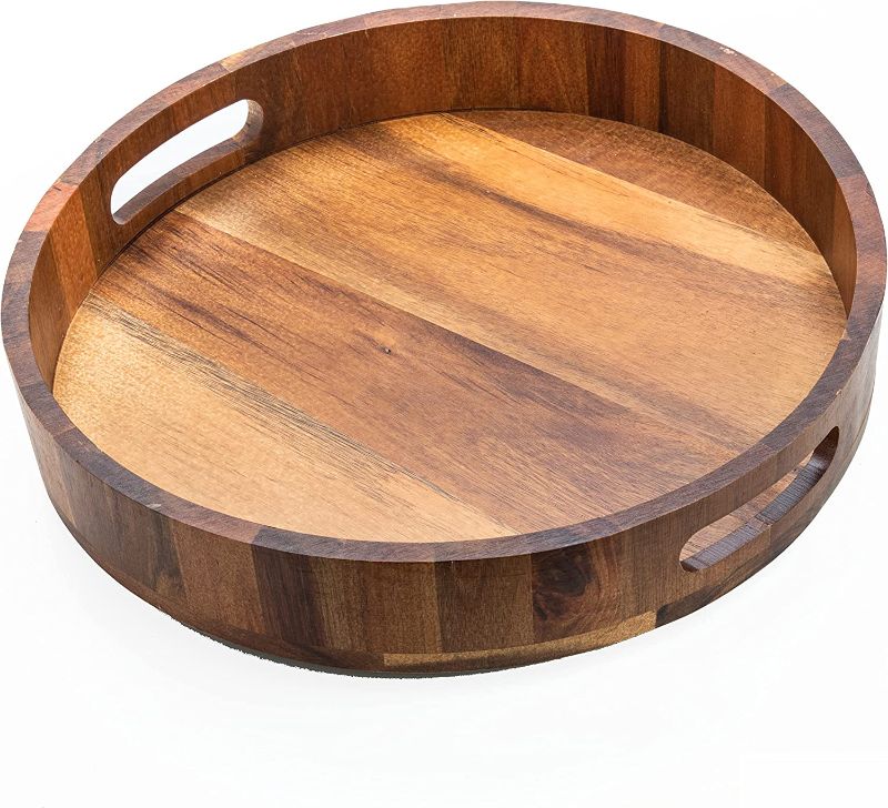 Photo 1 of 14" Wooden Tray, Natural Acacia Wood, Lazy Susan Rotating Mechanism Base Serving Tray Round, Carved Handles & Rimmed Edge Rustic Centerpiece Display
