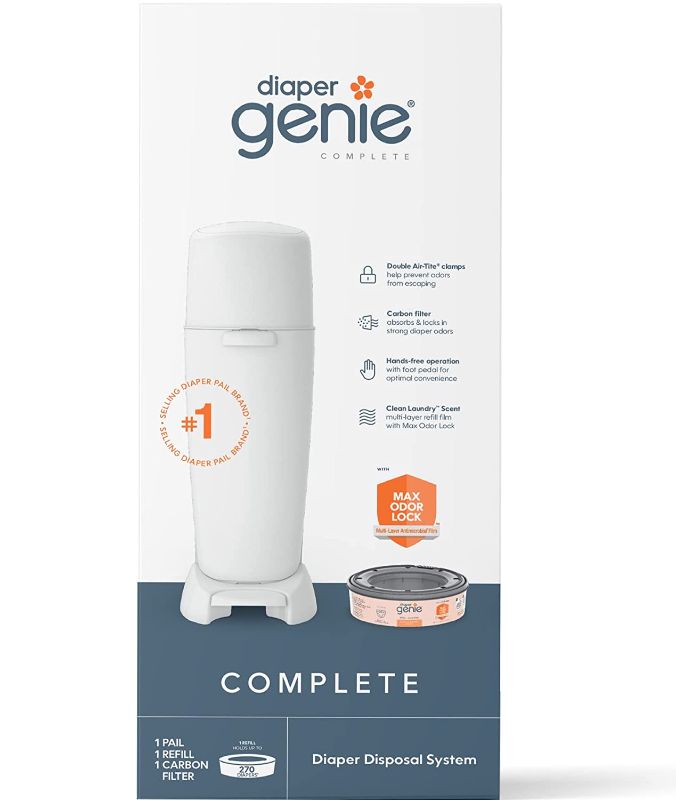 Photo 1 of Diaper Genie Complete Diaper Pail (White) with Antimicrobial Odor Control | Includes 1 Diaper Trash Can, 1 Refill Bags, 1 Carbon Filter
