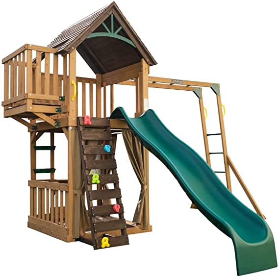 Photo 1 of BOX 1 OF 3 (PARTS ONLY) KidKraft Hangout Hideaway Clubhouse, Wooden Swing Set / Playset with Slide and Monkey Bars
