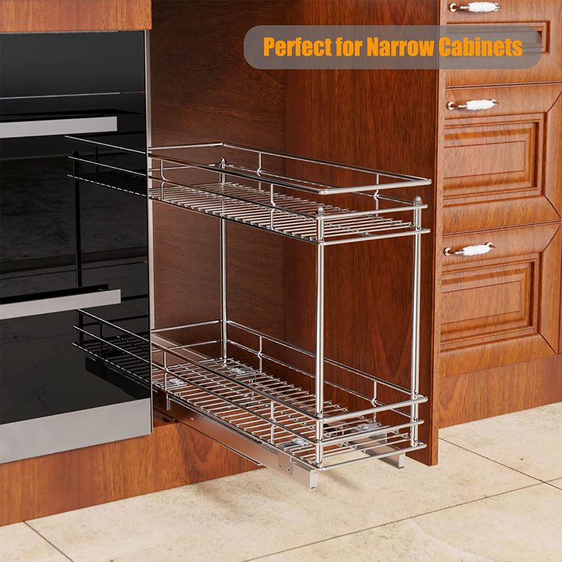 Photo 1 of ROOMTEC Pull Out Cabinet Organizer for Narrow Cabinet (5" W X 21" D ) , Kitchen Cabinet Organizer and Storage 2-Tier Cabinet Pull Out Shelves Under Cabinet Storage for Kitchen, Chrome
