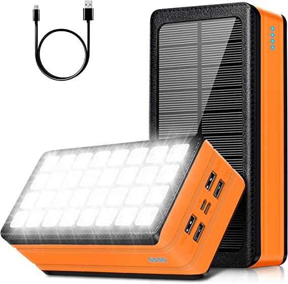 Photo 1 of Solar Charger Power Bank, 60000mAh Portable Charger Compatible with iPhone, Cell Phone, 32 LEDs External Battery Pack for Outdoor Camping, Home Emergency, 4 Output& 2 Input Ports (Orange)
