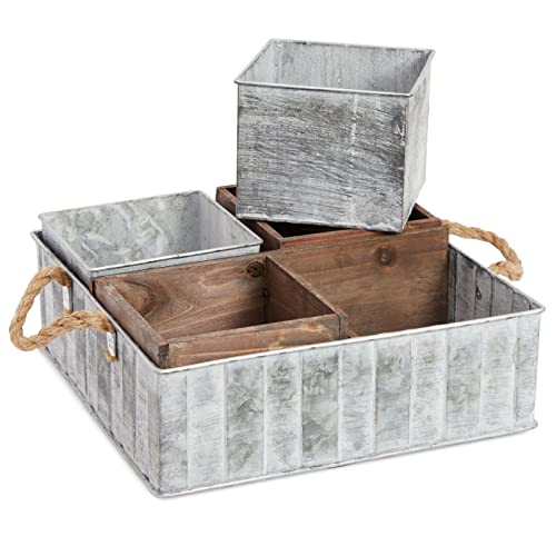 Photo 1 of 5 Piece Galvanized Metal Tray with Dividers and Removable Wooden Storage Boxes, Rustic Kitchen Decor (13 X 5 in)