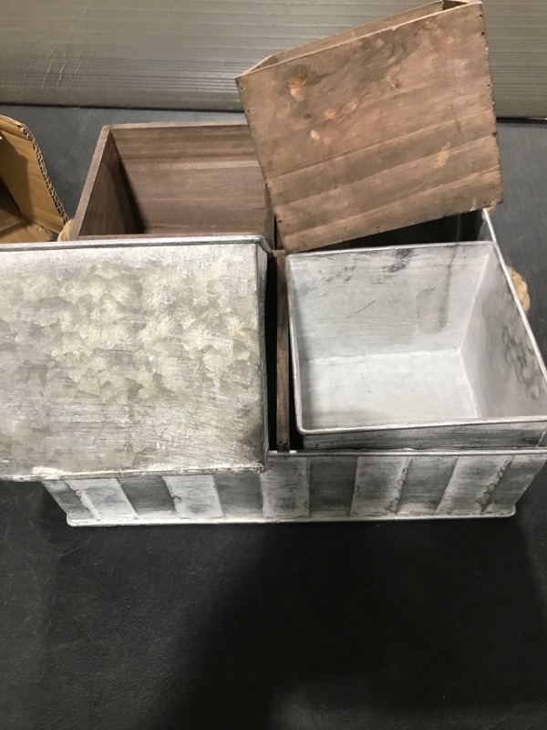 Photo 2 of 5 Piece Galvanized Metal Tray with Dividers and Removable Wooden Storage Boxes, Rustic Kitchen Decor (13 X 5 in)