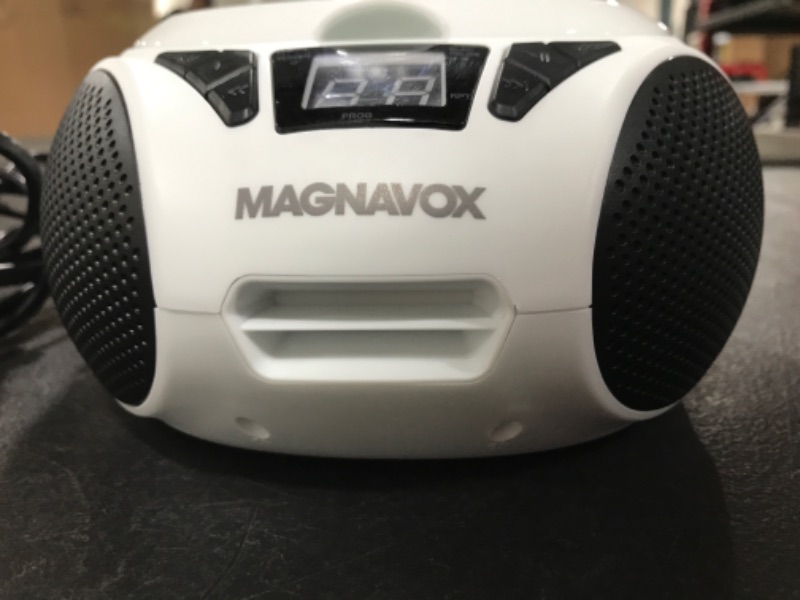 Photo 3 of Magnavox MD6924-WH Portable Top Loading CD Boombox with AM/FM Stereo Radio in White and Black | CD-R/CD-RW Compatible | LED Display | AUX Port Supported | Programmable CD Player |