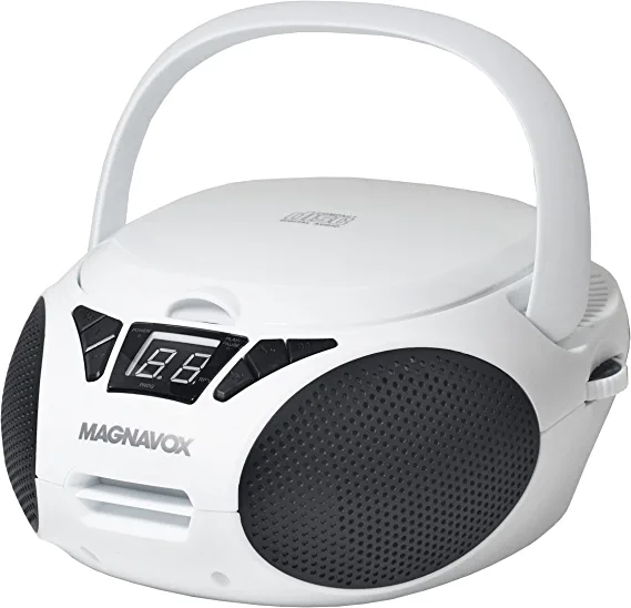 Photo 1 of Magnavox MD6924-WH Portable Top Loading CD Boombox with AM/FM Stereo Radio in White and Black | CD-R/CD-RW Compatible | LED Display | AUX Port Supported | Programmable CD Player |