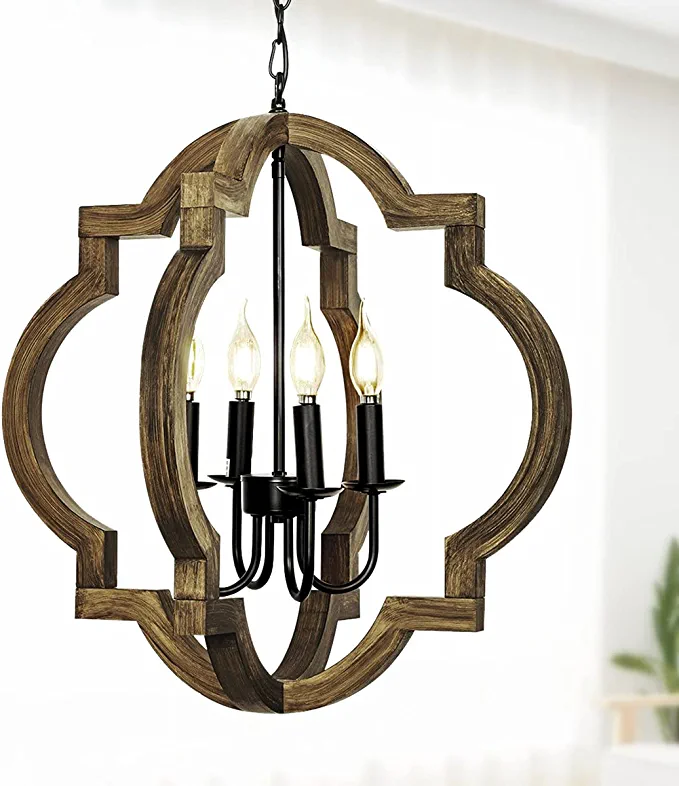 Photo 1 of 21.7" Farmhouse orb Chandelier, 4-Light Adjustable Height Handmade Rustic Wood Light Fixture for Foyer, Dining&Living Room, Kitchen Island, Entryway, Breakfast Area(Colour: Black)