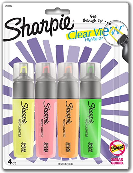 Photo 1 of SHARPIE Highlighter, Clear View Highlighter with See-Through Chisel Tip, Tank Highlighter, Assorted, 4 Count
