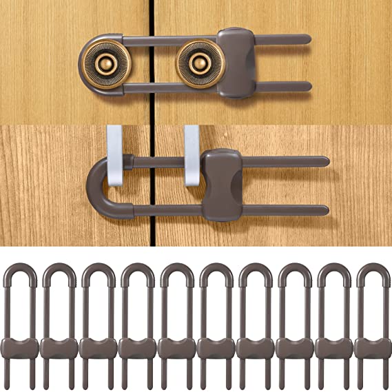 Photo 1 of 10 Pieces Cabinet Locks for Babies, U-Shaped Proofing Drawers Safety Child Locks Adjustable, Easy to Use Childproof Latch for Knob Handle on Kitchen Door Storage Cupboard Closet Dresser(Brown)
