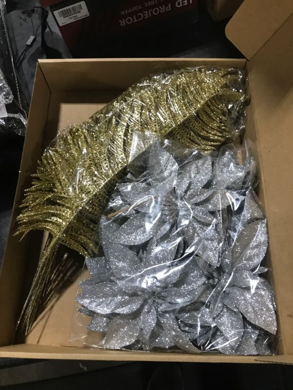 Photo 1 of 48 Pcs Christmas Poinsettia Flowers Glitter Christmas Poinsettia Ornaments with Berries Stems or Leaves Artificial Poinsettia Flowers for Christmas Tree New Year Wedding Decor, Single Petal (Gold)