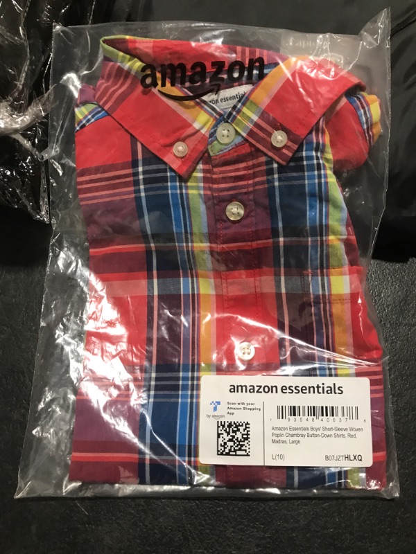 Photo 2 of Amazon Essentials Boys and Toddlers' Short-Sleeve Woven Poplin Chambray Button-Down Shirt Large Red, Madras