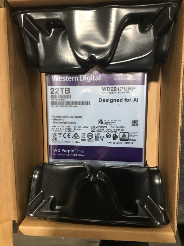 Photo 2 of Western Digital 22TB WD Purple Pro Surveillance Internal Hard Drive HDD - SATA 6 Gb/s, 512 MB Cache, 3.5" - WD221PURP 22TB HDD