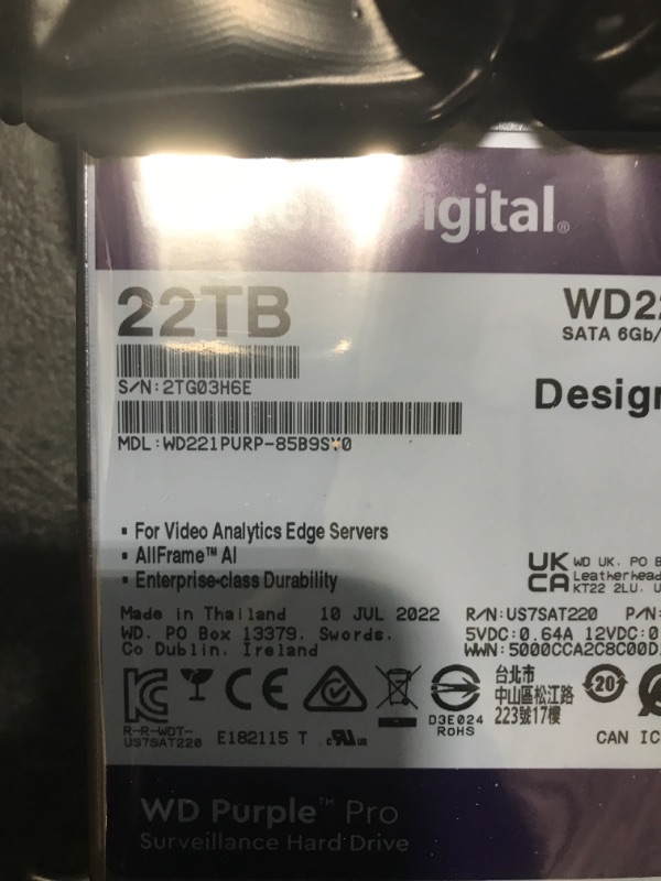 Photo 3 of Western Digital 22TB WD Purple Pro Surveillance Internal Hard Drive HDD - SATA 6 Gb/s, 512 MB Cache, 3.5" - WD221PURP 22TB HDD