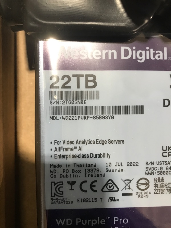 Photo 3 of Western Digital 22TB WD Purple Pro Surveillance Internal Hard Drive HDD - SATA 6 Gb/s, 512 MB Cache, 3.5" - WD221PURP 22TB HDD