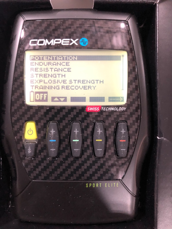 Photo 3 of Compex Sport Elite 2.0 Muscle Stimulator with TENS Bundle Kit: Muscle Stim, 12 Snap Electrodes, 10 Programs, Lead Wires, Battery, Case / 4 strength, 2 warm-up, 3 recovery, 1 TENS Black