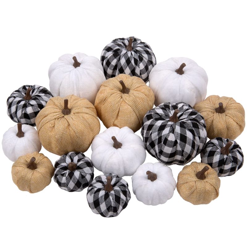 Photo 1 of 16 Pcs Artificial Pumpkins Assorted Fall Pumpkins White Pumpkins Burlap Pumpkins Rustic Pumpkins for Fall Harvest Thanksgiving Halloween Fireplace Decorations