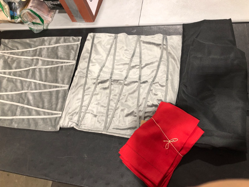 Photo 1 of 2 BLACK TABLE CLOTHS (PARTY TABLE SIZE) -- 2 GREY THROW PILLOW COVERS -- 4 RED REUSABLE NAPKINS 