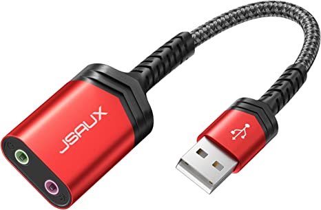 Photo 1 of USB Audio Adapter, JSAUX External Stereo Sound Card, USB to 3.5mm Jack Audio Adapter with 3.5mm TRS Headphone and Microphone Jack Compatible with Windows, MAC, PC, Laptop, Desktops, PS5, PS4 -RED
