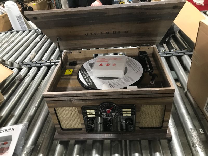 Photo 1 of Victrola Nostalgic 6-in-1 Bluetooth Record Player & Multimedia Center & Cassette Player, AM/FM Radio | Wireless Music Streaming | Farmhouse Shiplap Grey & Wooden Record Crate, Wood Color Farmhouse Shiplap Grey Entertainment Center + Record