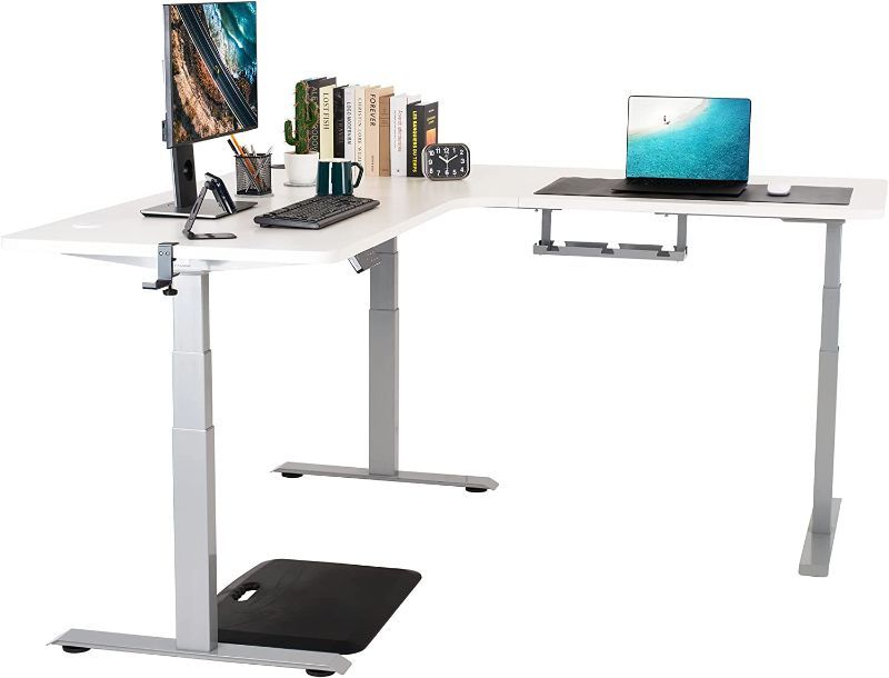 Photo 1 of FENSMITH L SHAPED STANDING DESK - ELECTRIC OFFICE TABLE WITH ADJUSTABLE HEIGHT FROM 23.82" TO 49.41", TRIPLE MOTORS, ACCESSORIES - FOR HOME OFFICE, GAMING SETUP - WHITE TABLE TOP & GRAY STEEL FRAME--- box 2 of 2--- (parts only)
