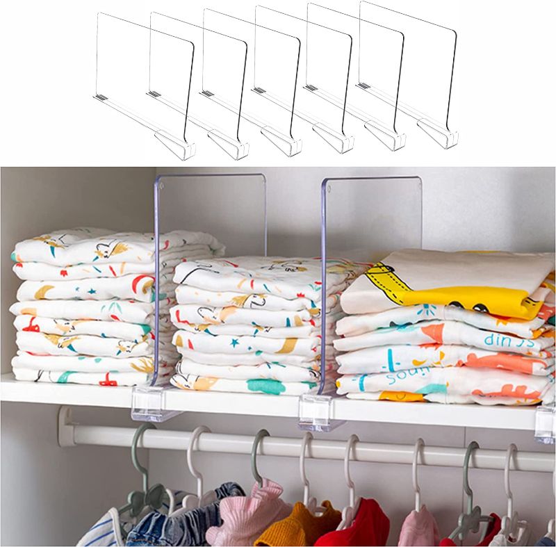 Photo 1 of Yieach Shelf Dividers for Closets,Wood Shelf Dividers,6 PCS Clear Shelf Separators Perfect for Clothes Organizer and Bedroom Kitchen Cabinets Shelf Storage and Organization
