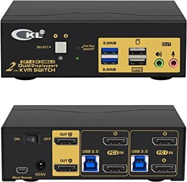 Photo 1 of CKL 2 Port USB 3.0 KVM Switch Dual Monitor DisplayPort 1.4 4K@144Hz 8K@30Hz for 2 Computers, PC Screen Keyboard Mouse Peripheral Audio Sharing Selector Box, with All Cables (622DP-4)
