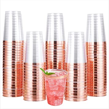 Photo 1 of 100 PACK Rose Gold Plastic Cups,12Oz Clear Plastic Cups Tumblers, Elegant Rose Gold Rimmed Plastic Cups, Disposable Cups WithRose Gold Rim Perfect For Wedding,Thanksgiving Day, Christmas Party Cups 