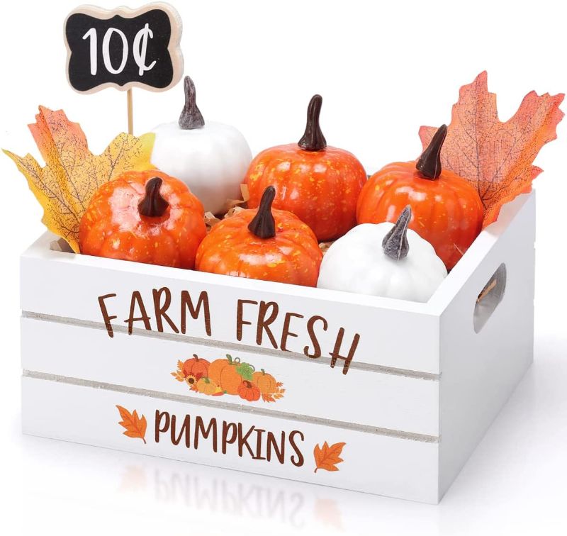 Photo 1 of 11PCS Thanksgiving Pumpkin Table Centerpiece Thanksgiving Tiered Tray Decor Mini Farm Fresh Pumpkins Sign Thanksgiving Maple Leaves Farmhouse Dining Table Decor Kit
