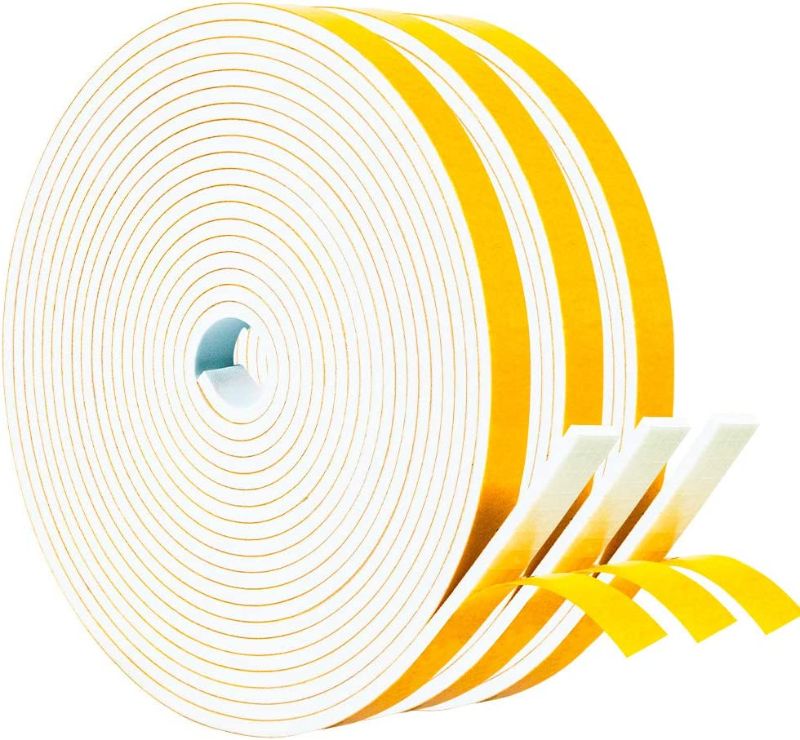 Photo 1 of Yotache White Doors Windows Weather Stripping 3 Rolls 3/8 Inch Wide X 1/8 Inch Thick, Foam Insulation Sealing Gasket Tape for Doors, Sliding Door, Total 50 Feet Long (3 X 16.5 Ft Each)

